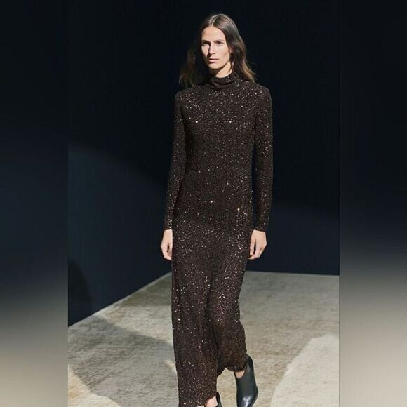 RUNS LARGE NWT ZARA SEQUIN LONG DRESS ZW COLLECTION Mocha Color - Picture 1 of 15